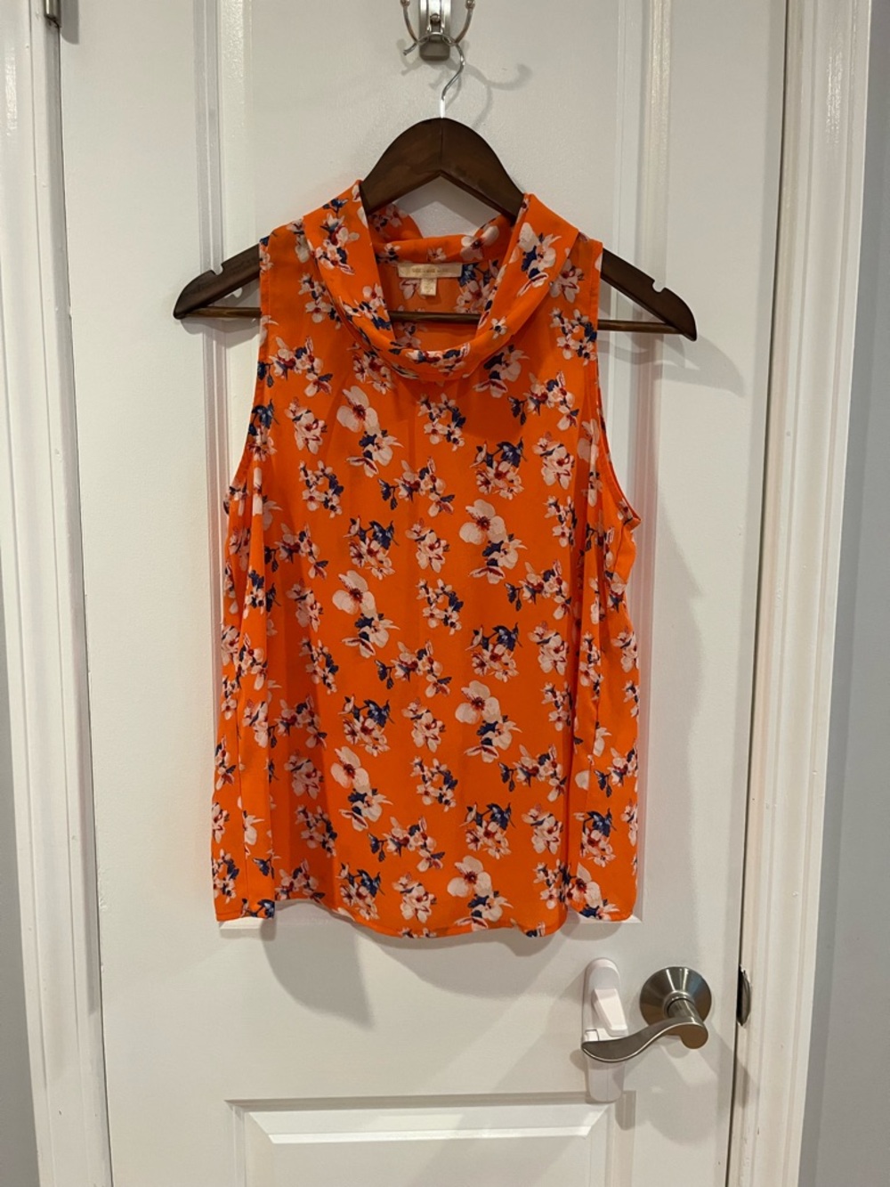 Skies Are Blue Orange Floral Sleeveless Cowl Neck Blouse